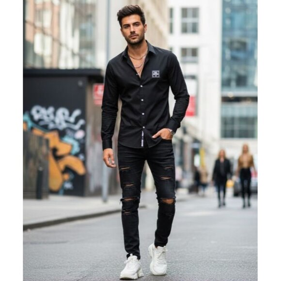 Love Moschino Black Slim Fit Logo Patch Long Sleeve Button-Up Shirt Men's Size M - Picture 4 of 15